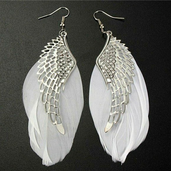 Jewelry - Boho White Feather Angel Wings Tassel Dream Catcher Earrings Hook Women
